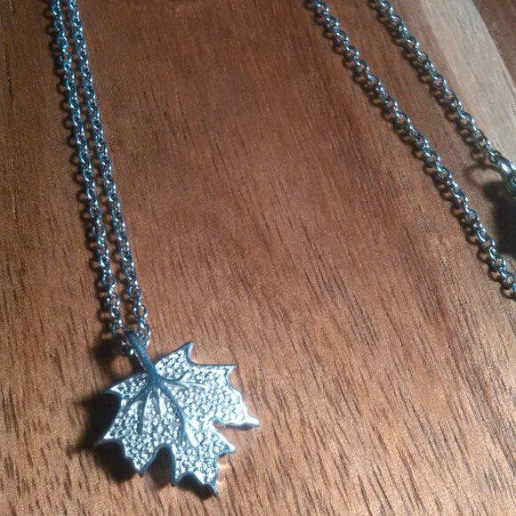 White Diamond Accent Platinum Bond Leaf Pendant Stainless Steel Necklace - Picture 9 of 10